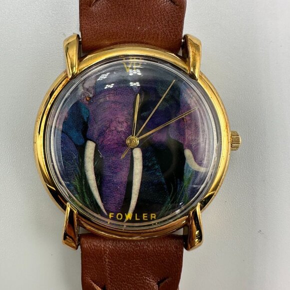 3/$30 Fowler Watch Women Gold Tone Purple Elephant Art Dial Braided Band - Picture 1 of 14